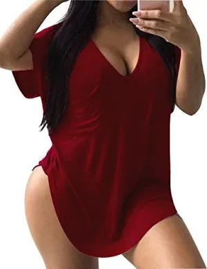 Allegrace Womens Casual Scoop Collar Plus Size T Shirts Summer Tops Tee Wine Red XXL