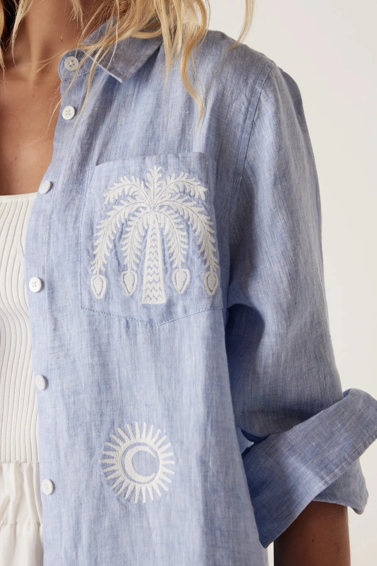 Cable - Palm Linen Embroidered Shirt - Blue Marle