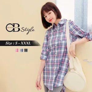 CHECKED LONG SLEEVE LONGLINE BUTTON TUNIC SHIRTS