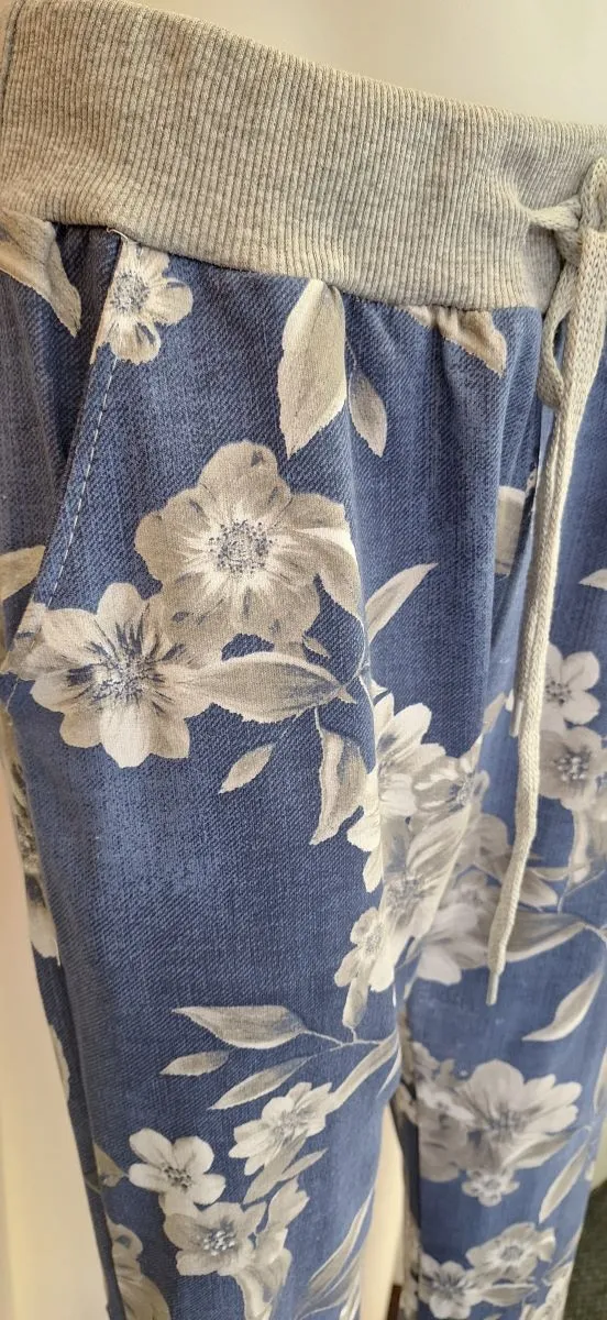 Italian Stretch Pants - Denim, White and Charcoal Flowers