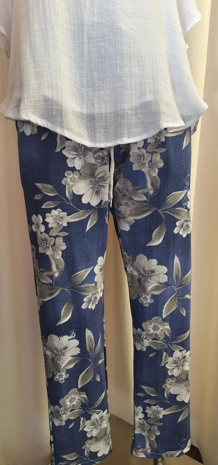 Italian Stretch Pants - Denim, White and Charcoal Flowers