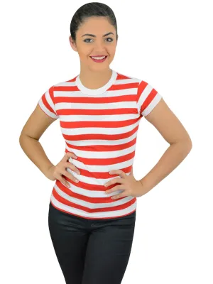 Ladies Geek Red & White Striped T-shirt Women’s Regular Tops Hen Night Tops