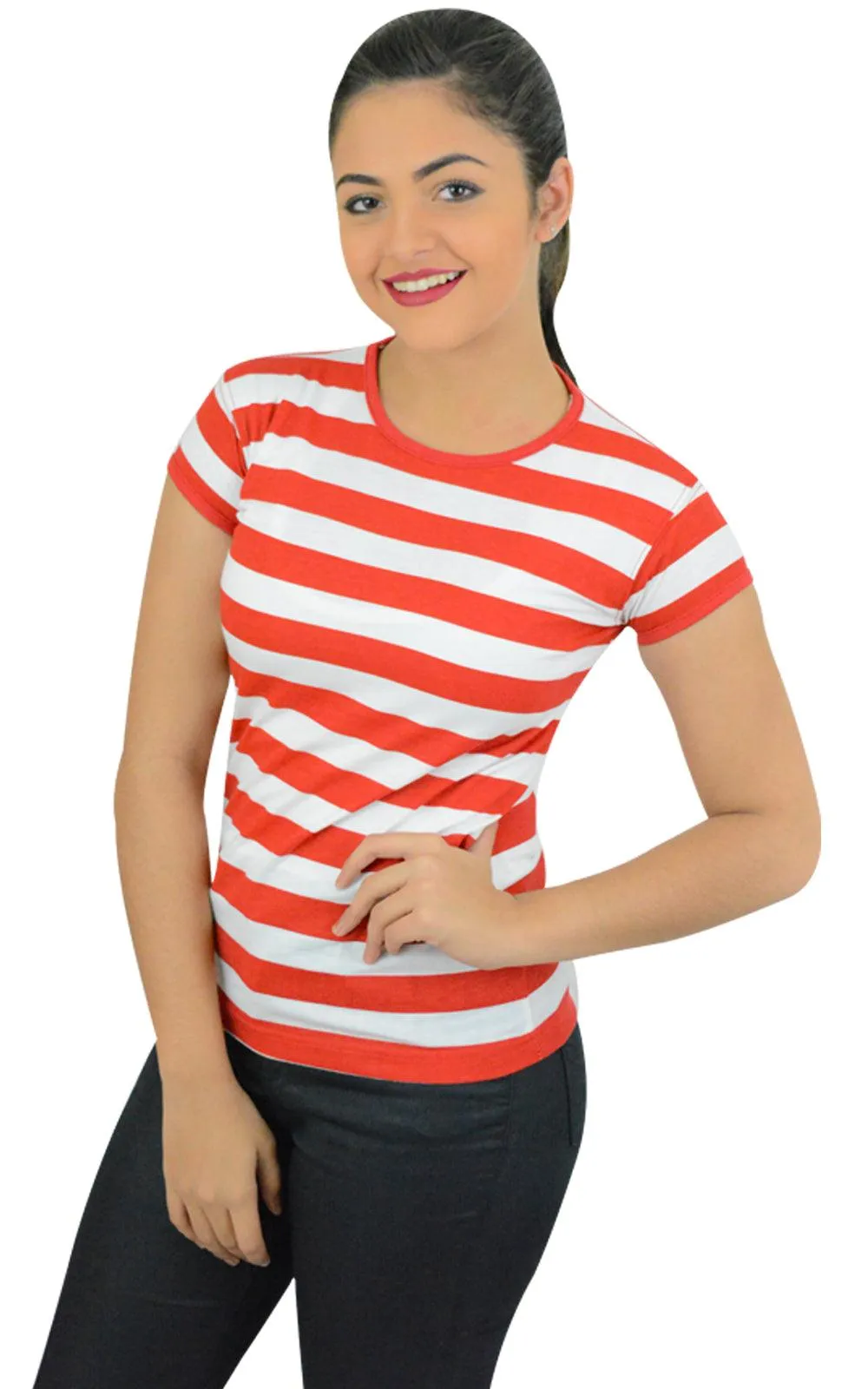 Ladies Geek Red & White Striped T-shirt Women’s Regular Tops Hen Night Tops