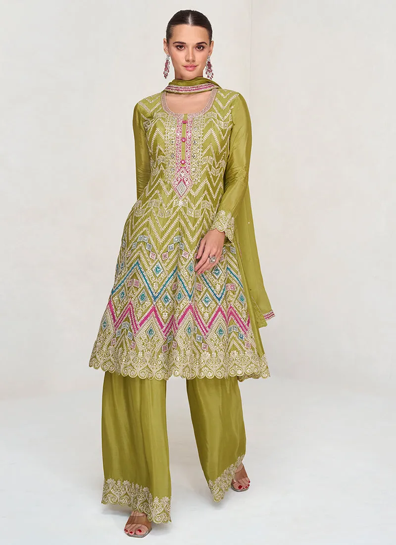Lime Green Multi Embroidery Anarkali Palazzo Suit