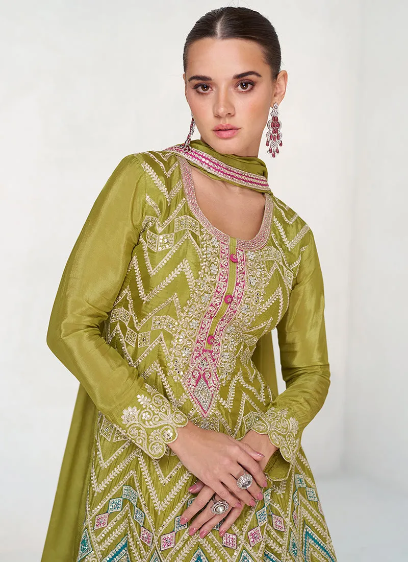 Lime Green Multi Embroidery Anarkali Palazzo Suit