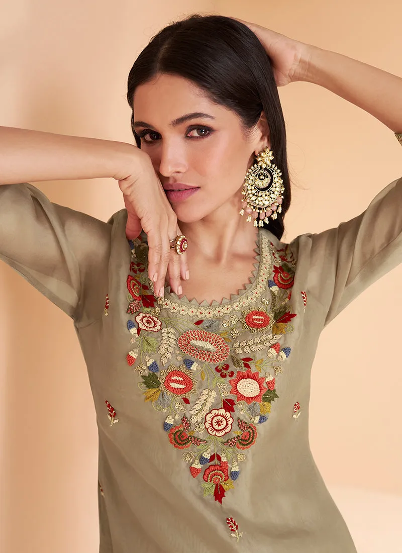 Olive Green Multi Embroidery Festive Kurti And Gharara Suit