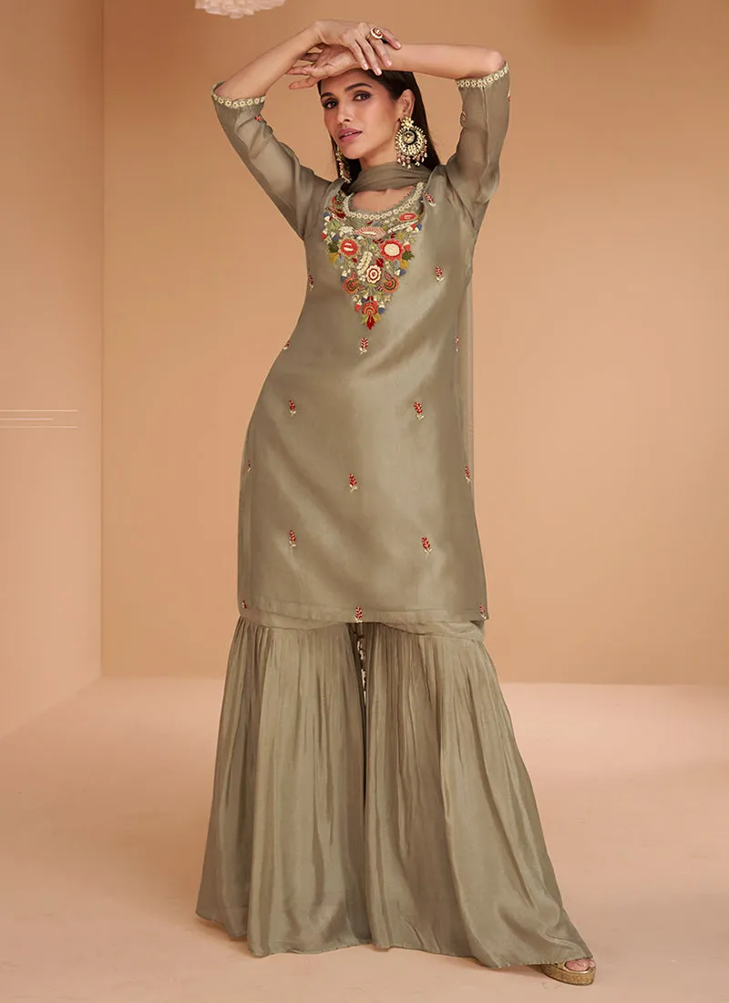 Olive Green Multi Embroidery Festive Kurti And Gharara Suit