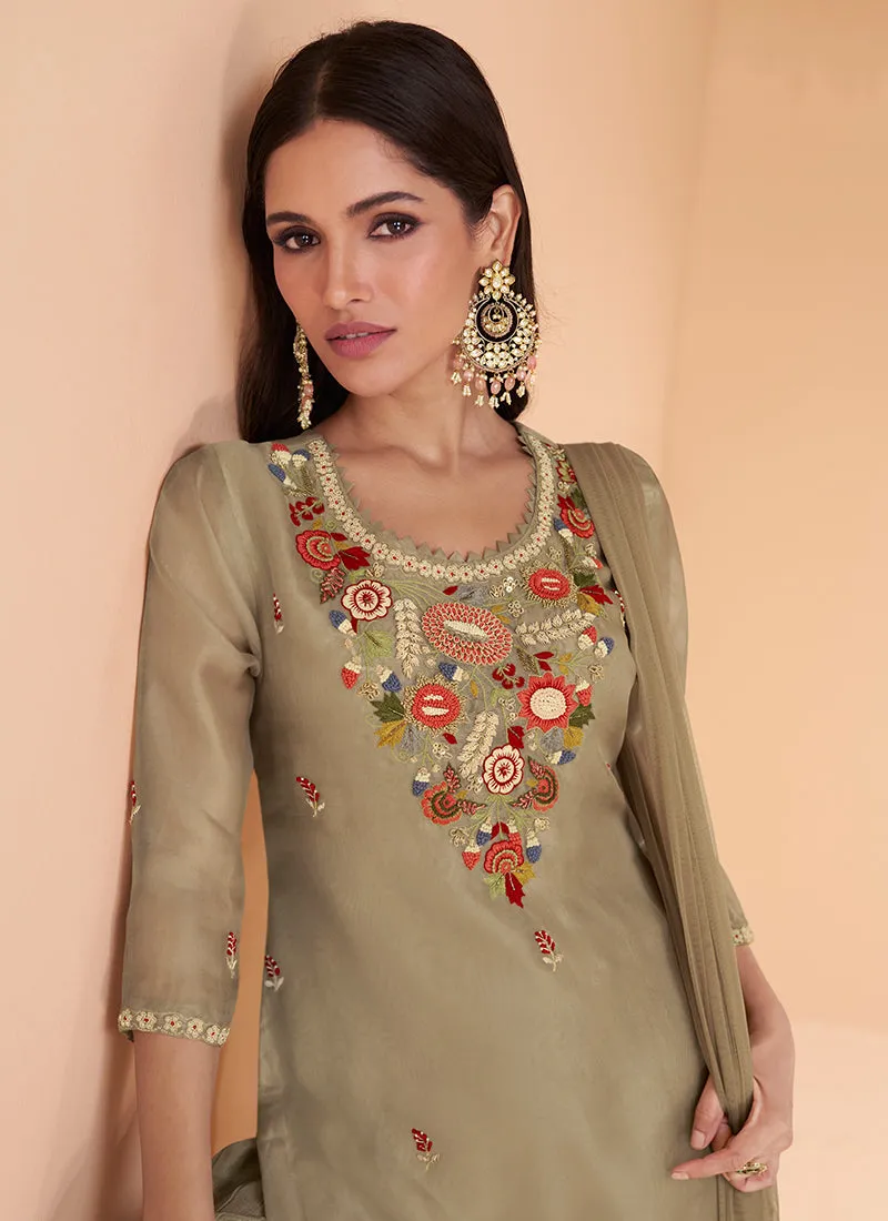 Olive Green Multi Embroidery Festive Kurti And Gharara Suit