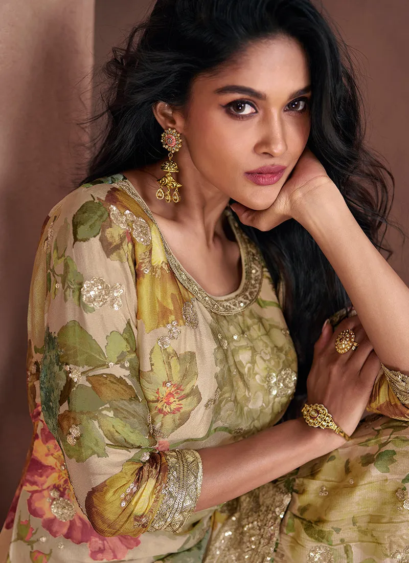 Olive Green Sequence Embroidery Printed Gharara suit
