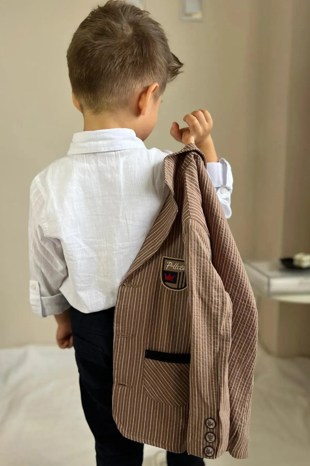 Pollito Boy's Beige Navy Blue Striped Two Pocket Jacket 4-Piece Suit