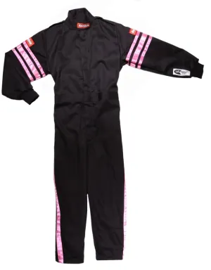 RaceQuip One Piece Single Layer Fire Suit - Black w/Pink Stripes - Kids Large - 1950895