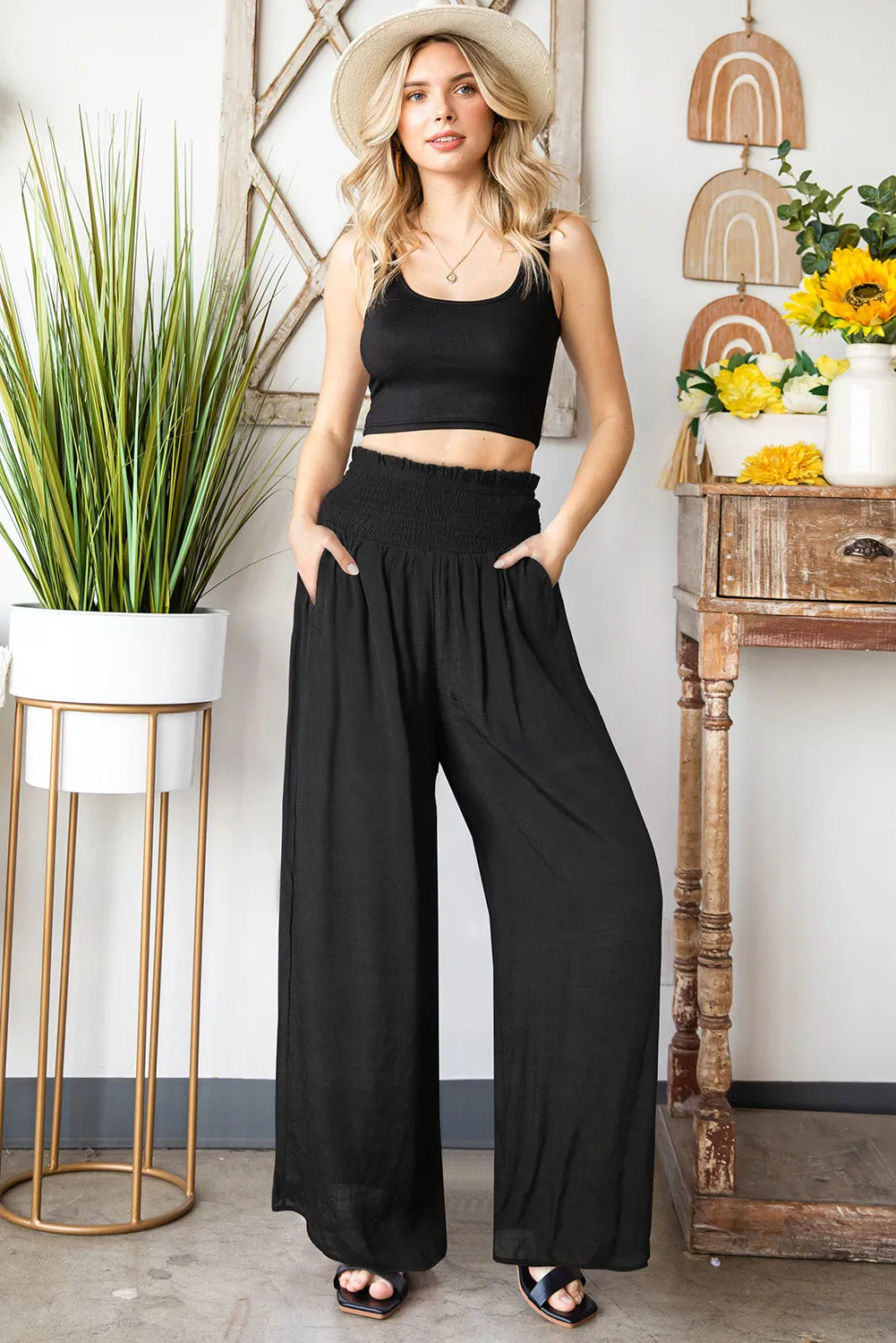 Smocked Waist Pants with Pockets