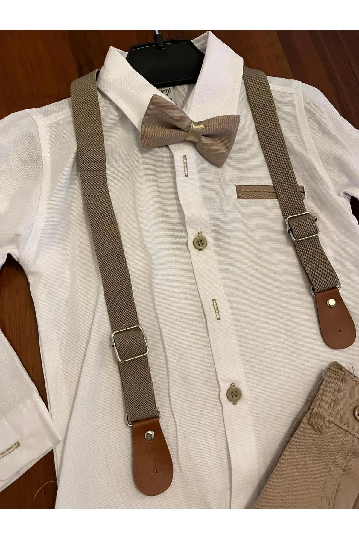 Terry Boy's Beige Shirt Trouser Suspender Suit