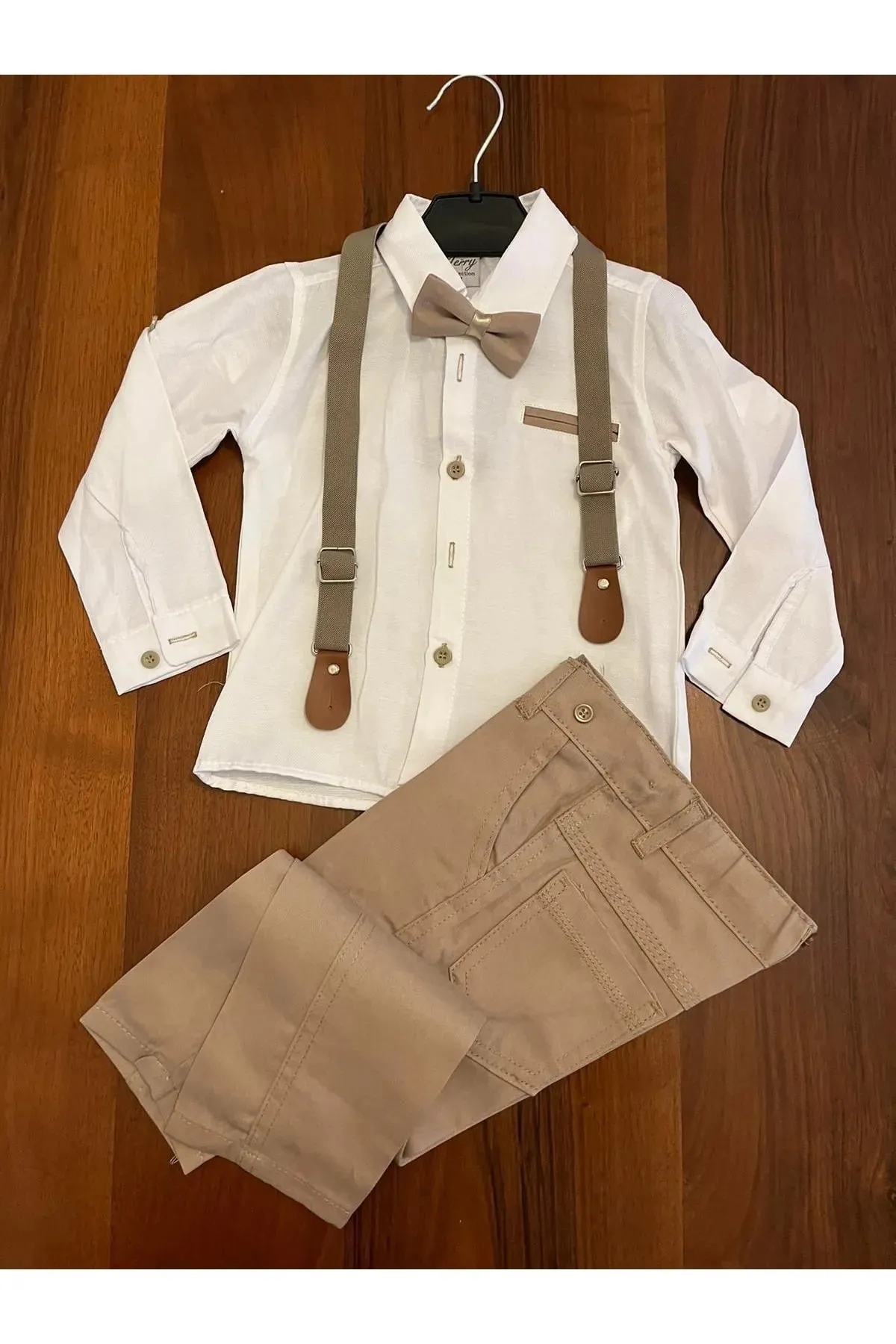 Terry Boy's Beige Shirt Trouser Suspender Suit