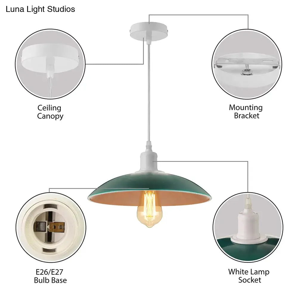 Vintage Metal Saucer Shade Pendant Ceiling Light: Green/Red, Stylish 1-Light Fixture for Table