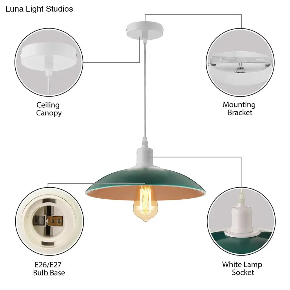 Vintage Metal Saucer Shade Pendant Ceiling Light: Green/Red, Stylish 1-Light Fixture for Table