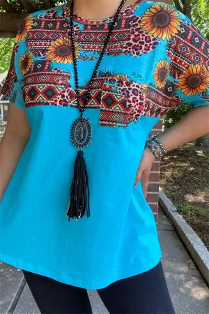 XCH12481 Sunflower &Aztec multi color printed Turquoise short sleeves women tops